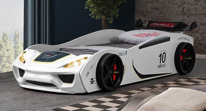 FOA7731WH Pacefinder white racing car style design twin size kids bed w/ LED lights