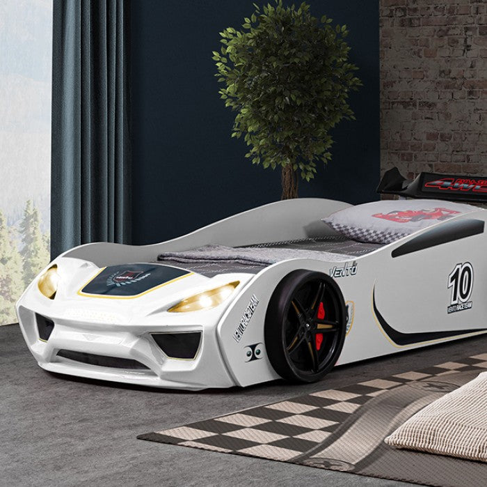 FOA7731WH Pacefinder white racing car style design twin size kids bed w/ LED lights