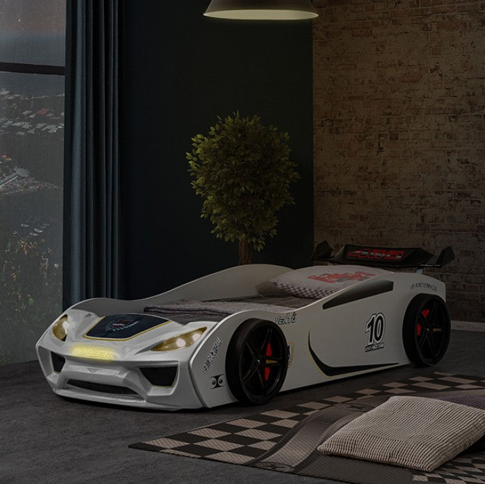 FOA7731WH Pacefinder white racing car style design twin size kids bed w/ LED lights