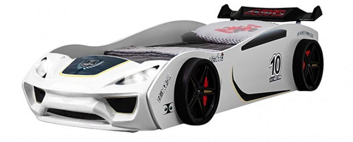 FOA7731WH Pacefinder white racing car style design twin size kids bed w/ LED lights