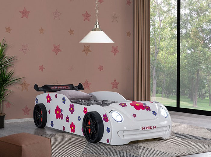 FOA7732WH Jourley white racing car style VW beetle front end design twin size kids bed w/ LED lights