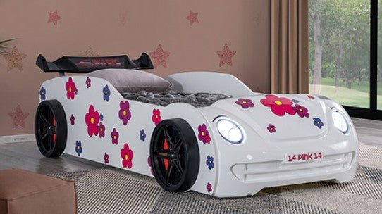 FOA7732WH Jourley white racing car style VW beetle front end design twin size kids bed w/ LED lights