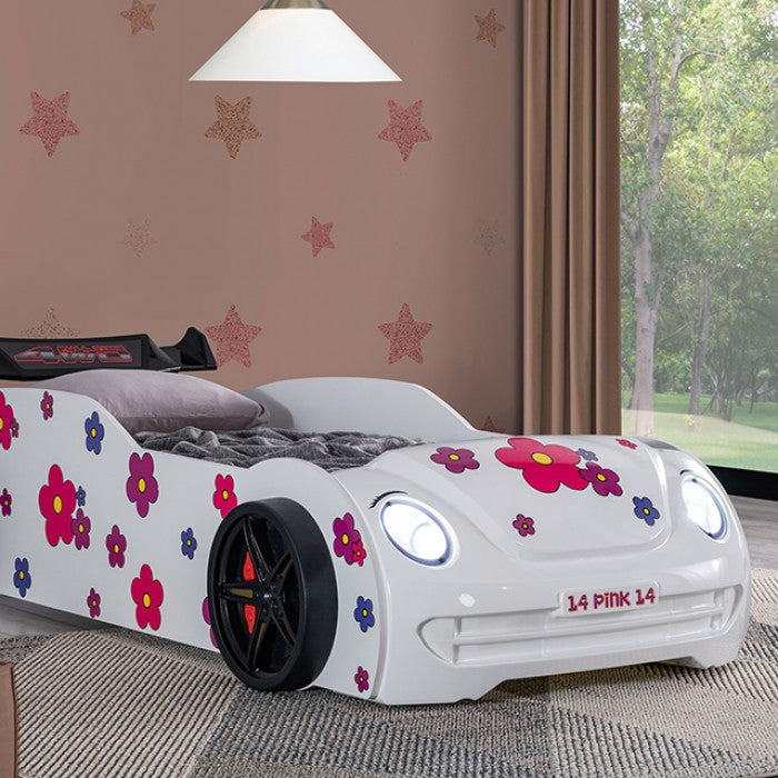 FOA7732WH Jourley white racing car style VW beetle front end design twin size kids bed w/ LED lights