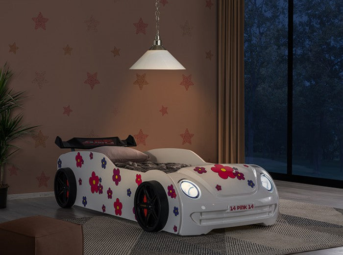FOA7732WH Jourley white racing car style VW beetle front end design twin size kids bed w/ LED lights