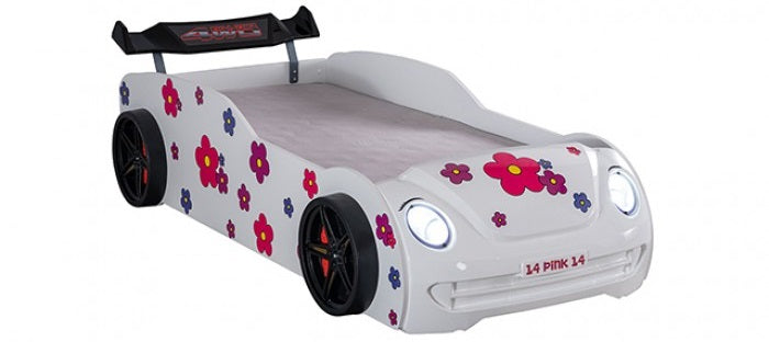 FOA7732WH Jourley white racing car style VW beetle front end design twin size kids bed w/ LED lights