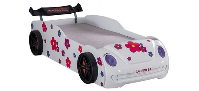 FOA7732WH Jourley white racing car style VW beetle front end design twin size kids bed w/ LED lights