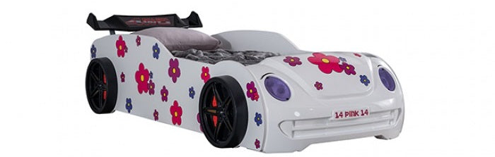 FOA7732WH Jourley white racing car style VW beetle front end design twin size kids bed w/ LED lights