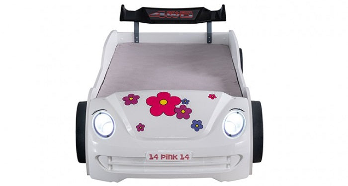 FOA7732WH Jourley white racing car style VW beetle front end design twin size kids bed w/ LED lights