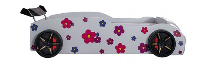 FOA7732WH Jourley white racing car style VW beetle front end design twin size kids bed w/ LED lights