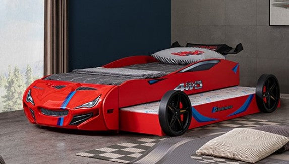 FOA7735RD Tracklite red racing car style design twin size kids bed w/ LED lights and pull out trundle
