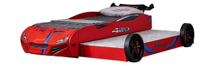 FOA7735RD Tracklite red racing car style design twin size kids bed w/ LED lights and pull out trundle