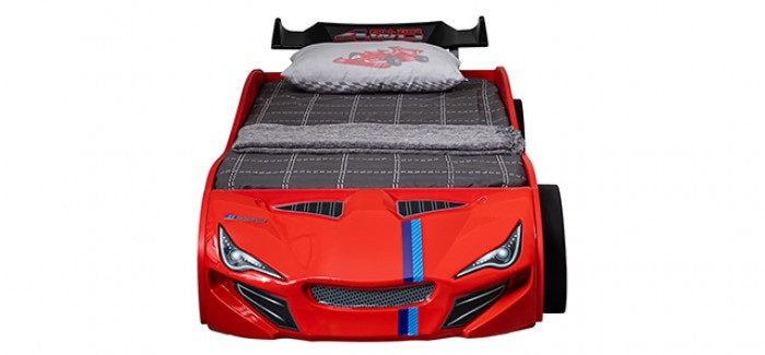 FOA7735RD Tracklite red racing car style design twin size kids bed w/ LED lights and pull out trundle