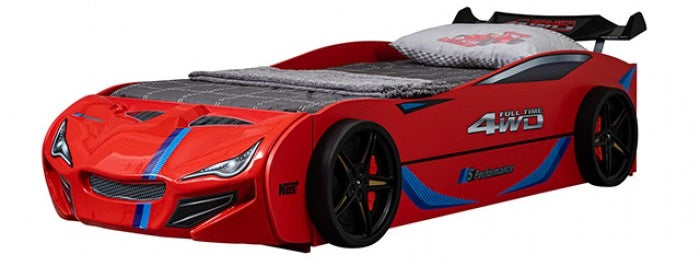 FOA7735RD Tracklite red racing car style design twin size kids bed w/ LED lights and pull out trundle