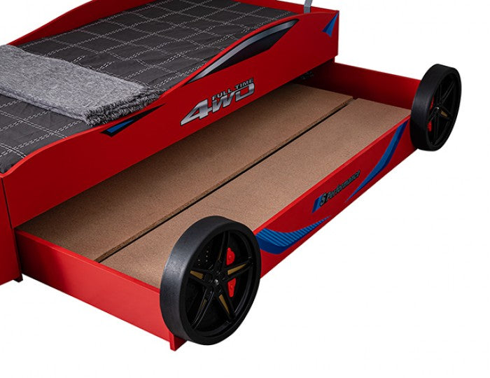 FOA7735RD Tracklite red racing car style design twin size kids bed w/ LED lights and pull out trundle