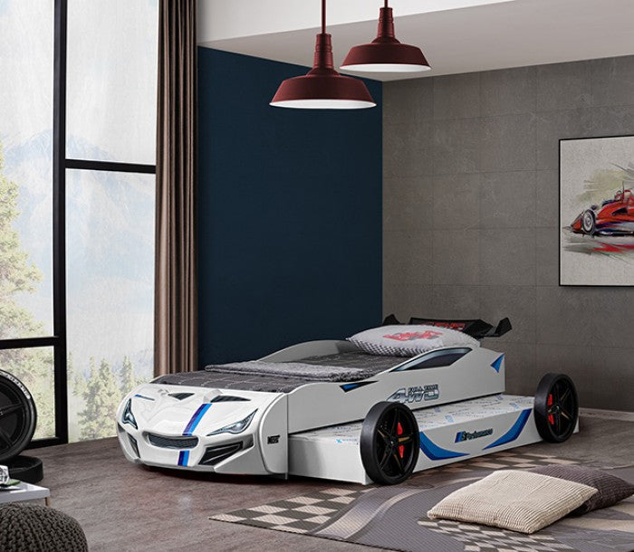 FOA7735WH Tracklite white racing car style design twin size kids bed w/ LED lights and pull out trundle