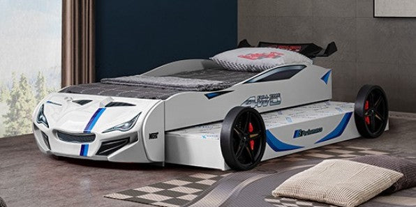 FOA7735WH Tracklite white racing car style design twin size kids bed w/ LED lights and pull out trundle