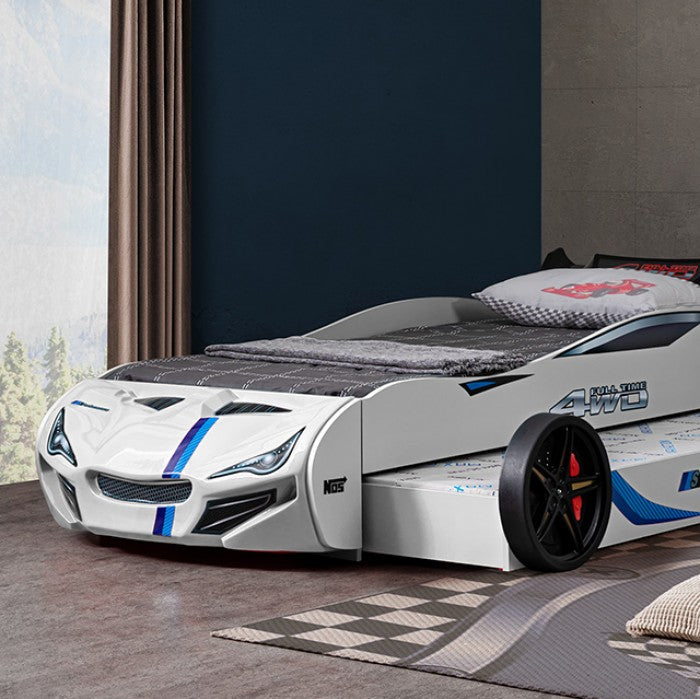 FOA7735WH Tracklite white racing car style design twin size kids bed w/ LED lights and pull out trundle