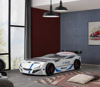FOA7735WH Tracklite white racing car style design twin size kids bed w/ LED lights and pull out trundle