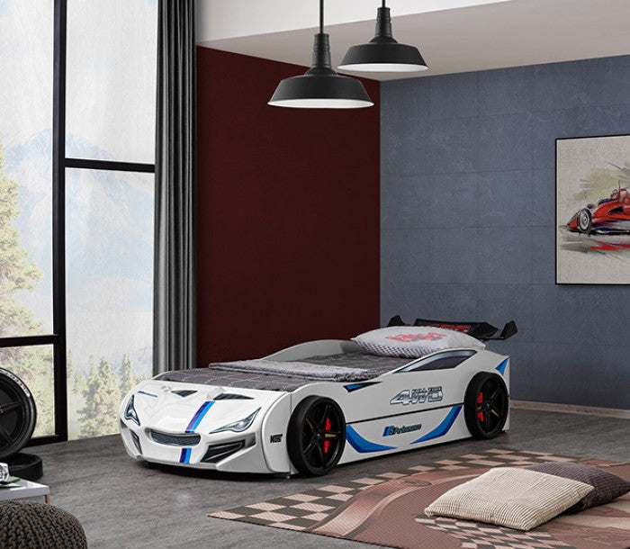 FOA7735WH Tracklite white racing car style design twin size kids bed w/ LED lights and pull out trundle