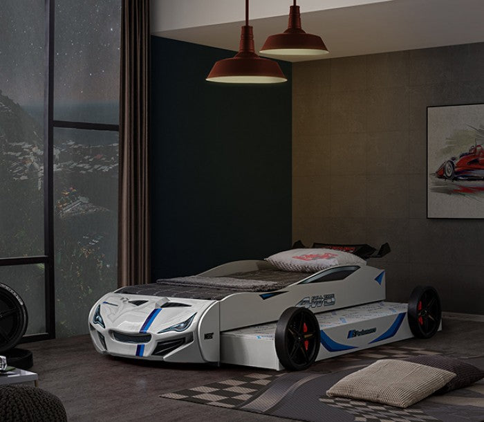 FOA7735WH Tracklite white racing car style design twin size kids bed w/ LED lights and pull out trundle