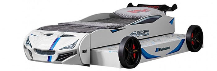 FOA7735WH Tracklite white racing car style design twin size kids bed w/ LED lights and pull out trundle
