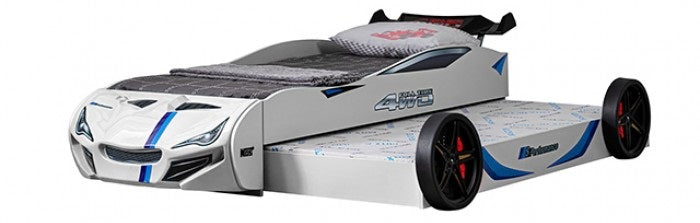 FOA7735WH Tracklite white racing car style design twin size kids bed w/ LED lights and pull out trundle