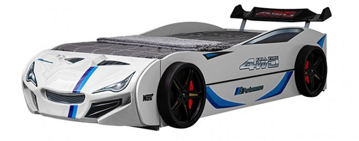 FOA7735WH Tracklite white racing car style design twin size kids bed w/ LED lights and pull out trundle