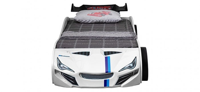 FOA7735WH Tracklite white racing car style design twin size kids bed w/ LED lights and pull out trundle