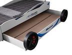 FOA7735WH Tracklite white racing car style design twin size kids bed w/ LED lights and pull out trundle