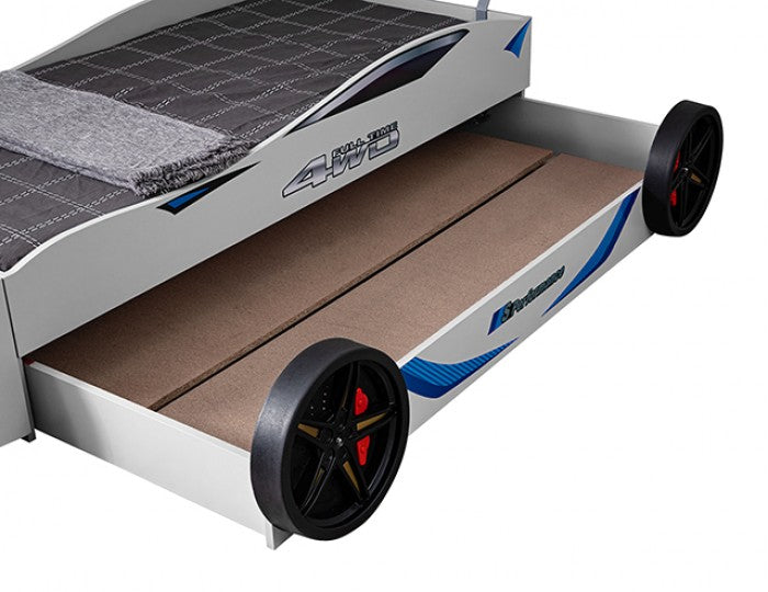 FOA7735WH Tracklite white racing car style design twin size kids bed w/ LED lights and pull out trundle