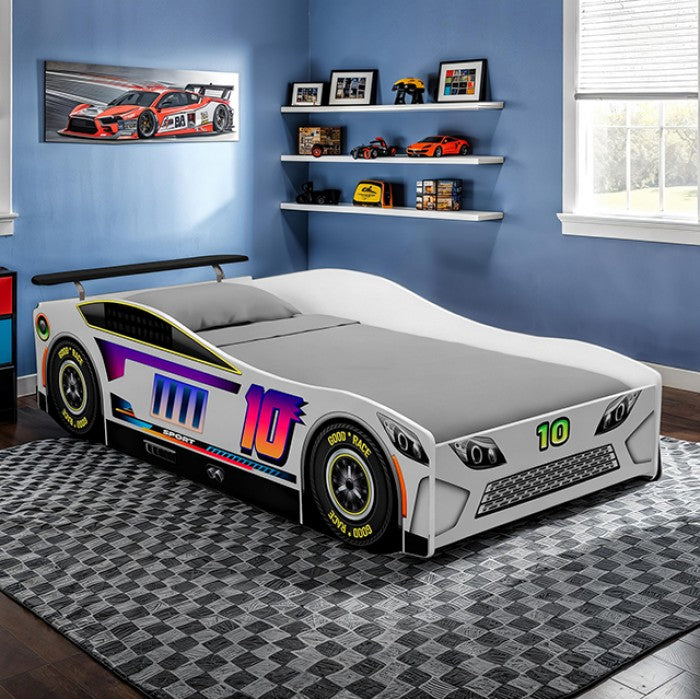 FOA7739WH Karsten white racing car style design twin size kids bed