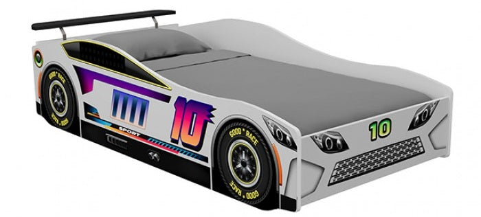 FOA7739WH Karsten white racing car style design twin size kids bed