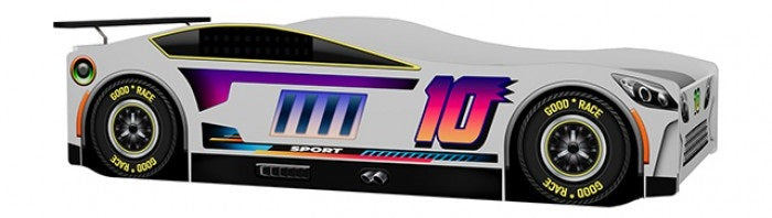 FOA7739WH Karsten white racing car style design twin size kids bed