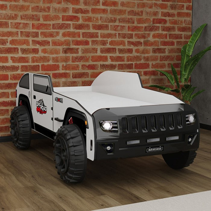 FOA7740BW Overlander white and black 4 X 4 style off road jeep design twin size kids bed LED headlights