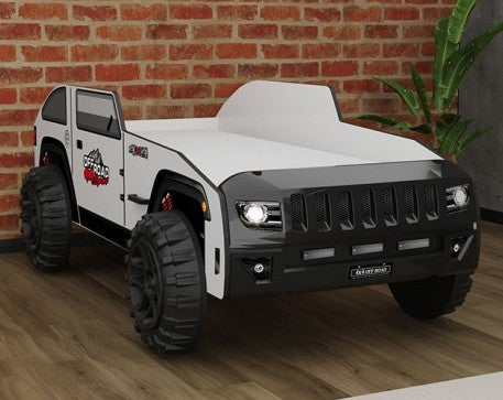 FOA7740BW Overlander white and black 4 X 4 style off road jeep design twin size kids bed LED headlights