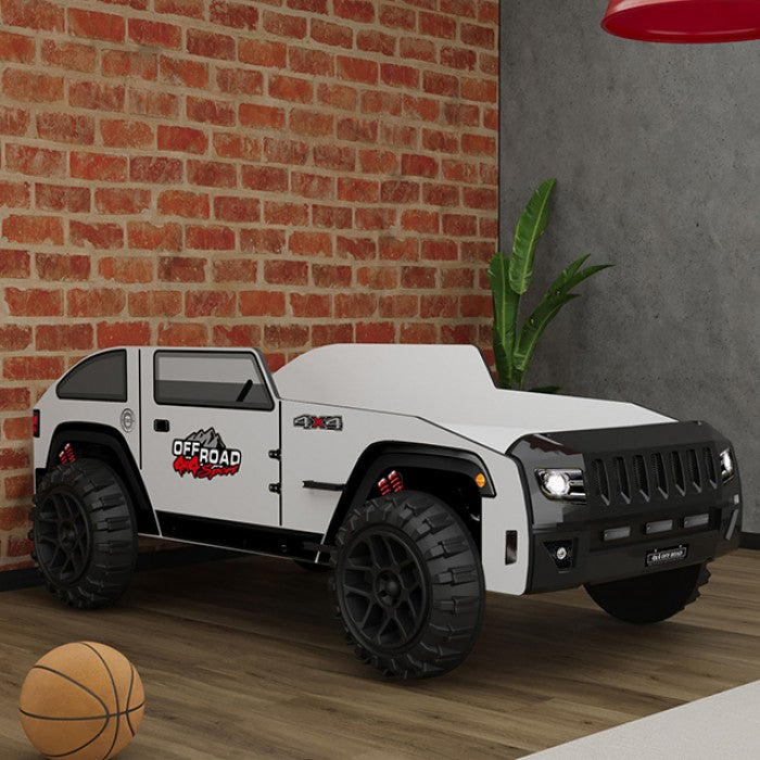 FOA7740BW Overlander white and black 4 X 4 style off road jeep design twin size kids bed LED headlights