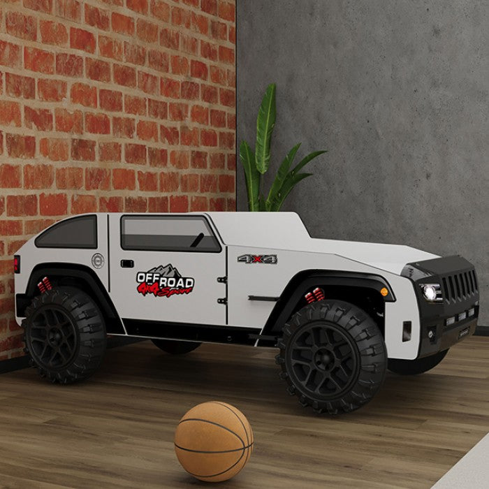 FOA7740BW Overlander white and black 4 X 4 style off road jeep design twin size kids bed LED headlights