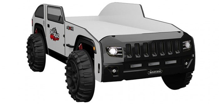 FOA7740BW Overlander white and black 4 X 4 style off road jeep design twin size kids bed LED headlights