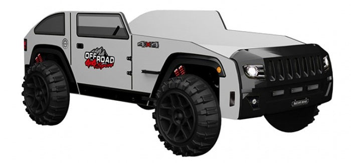 FOA7740BW Overlander white and black 4 X 4 style off road jeep design twin size kids bed LED headlights