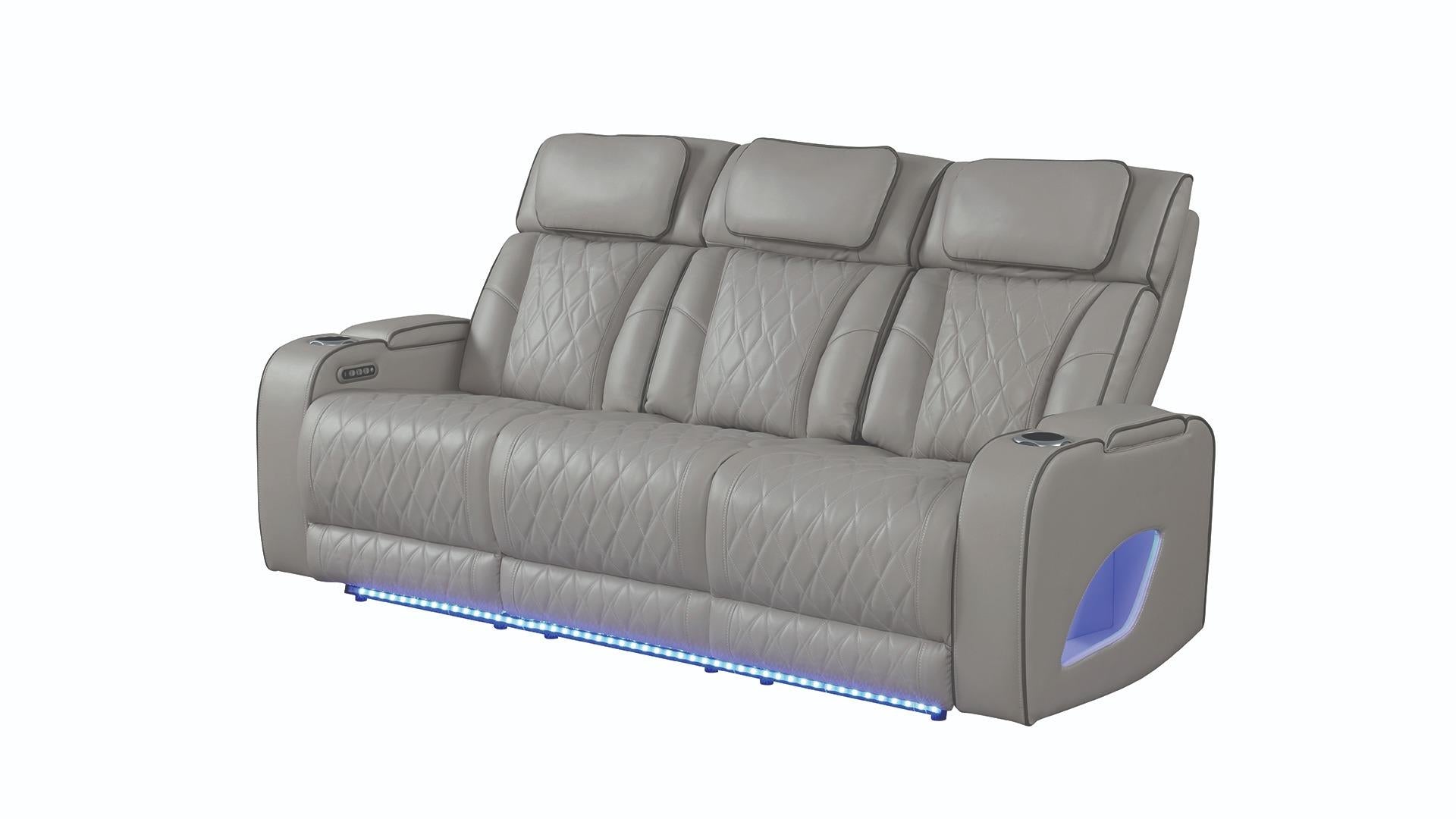 2 pc Fortuner grey faux leather power motion sofa and love seat with massagers , wireless charging, LEDS , cup holders