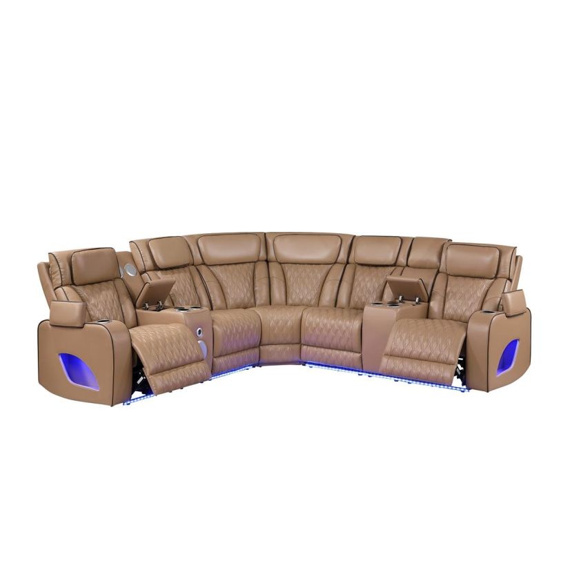 3 pc Fortuner caramel faux leather power motion sectional sofa with massagers and LED , Wireless charging, cup holders Bluetooth speakers