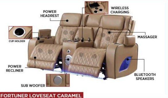 2 pc Fortuner caramel faux leather power motion sofa and love seat with massagers , wireless charging, LEDS , cup holders