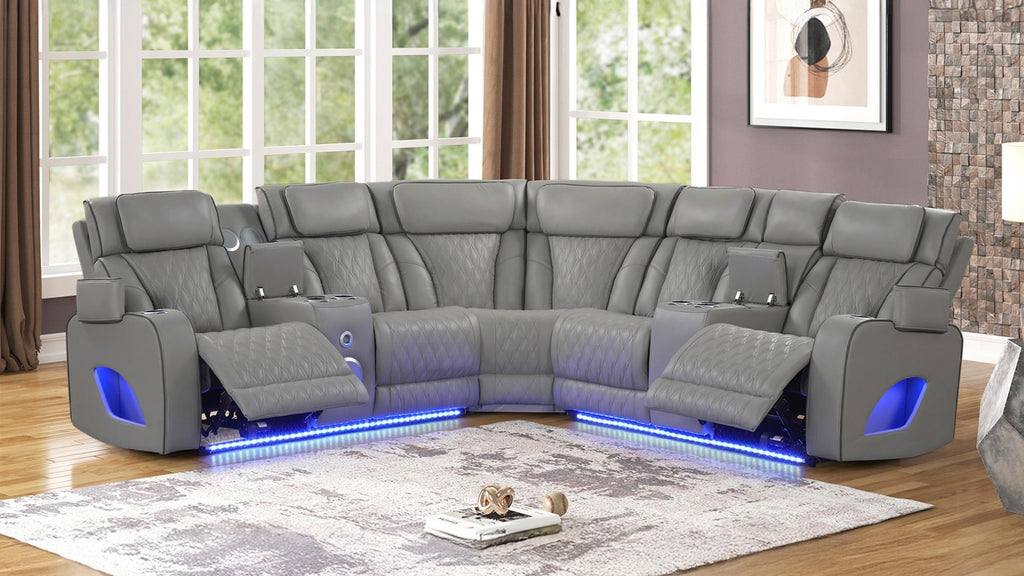3 pc Fortuner grey faux leather power motion sectional sofa with massagers and LED , Wireless charging, cup holders Bluetooth speakers