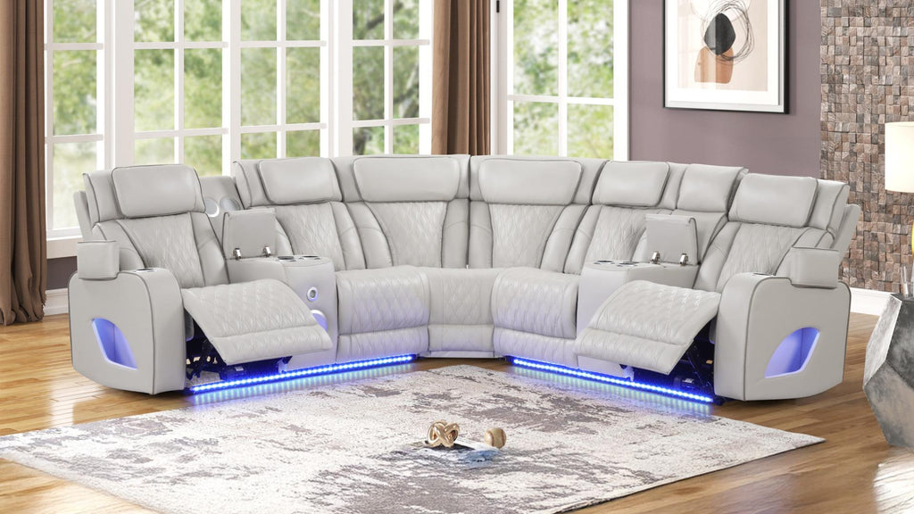 3 pc Fortuner ice faux leather power motion sectional sofa with massagers and LED , Wireless charging, cup holders Bluetooth speakers