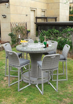 GM-2006-7PC 7 pc Cyprus grey rattan wicker and steel frame 46" round patio bar table set with chairs