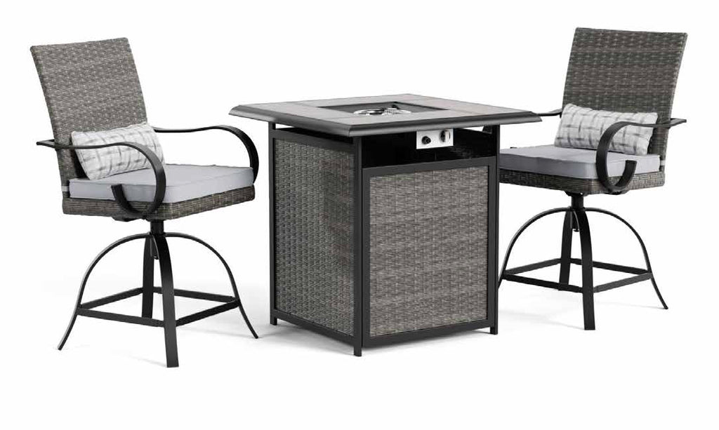 GM-2024-3PC 3 pc Arosa grey rattan wicker and black steel frame 36.4" square patio bar table set with chairs