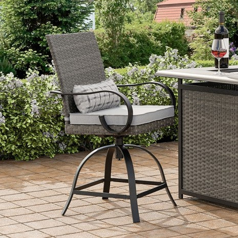 GM-2025 Set of 2 Arosa grey rattan wicker and black steel frame swivel barstool