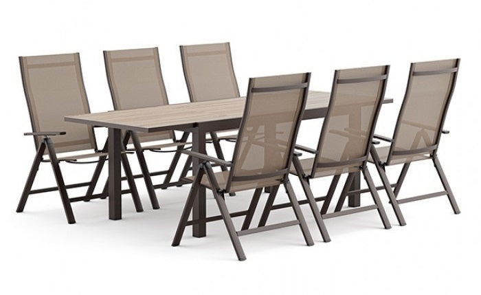 GM-2027-7PC 7 pc set Monza gun metal finish aluminum frame 63" - 94.5" patio dining table with folding chairs