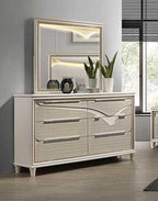 Casa Blanca Hudson Macchiato light brown Wood Finish Fabric Headboard LED Lighting Queen Bedroom Set – Hudson-4PC