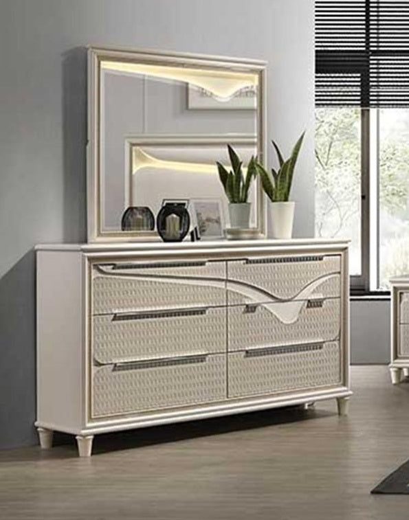 Casa Blanca Hudson Macchiato light brown Wood Finish Fabric Headboard LED Lighting Queen Bedroom Set – Hudson-4PC